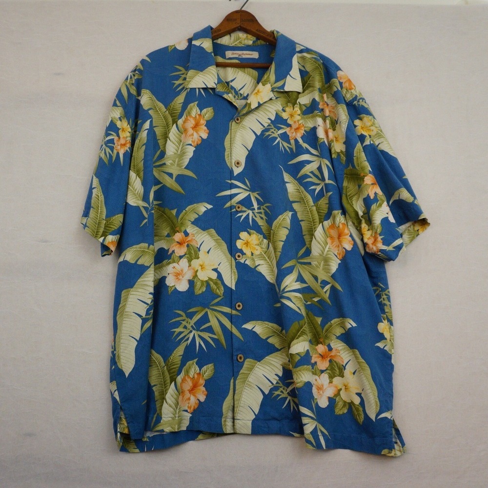 Tommy Bahama Shirt Mens XL Blue Silk Hawaiian Floral Tropical Aloha Camp